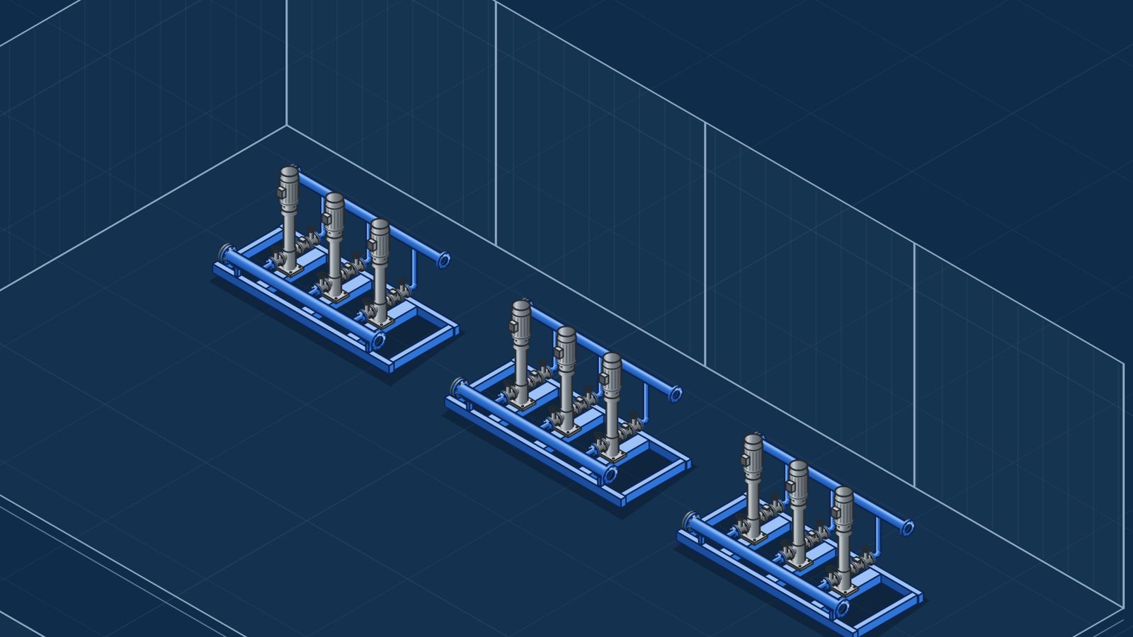Illustration of three identical booster sets with blue frames and manifolds